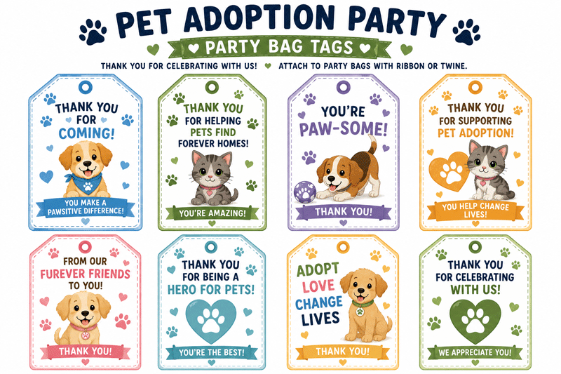 Pet adoption party bag tags