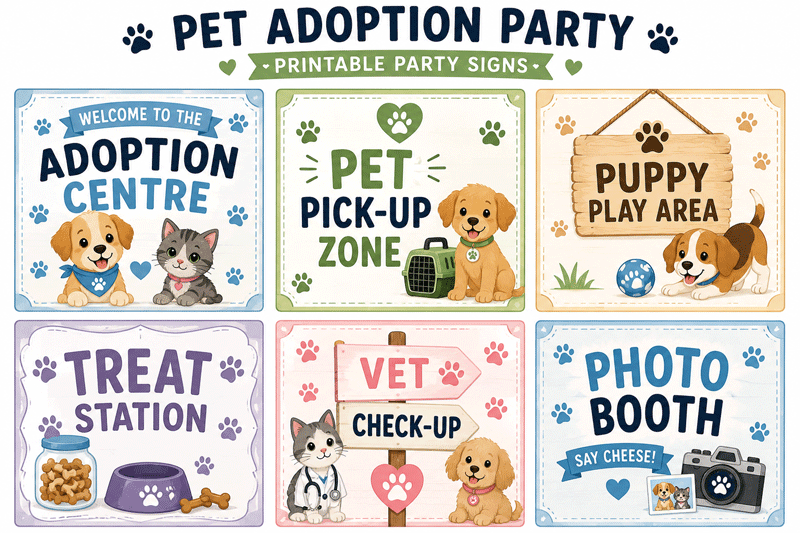 Pet adoption party signs